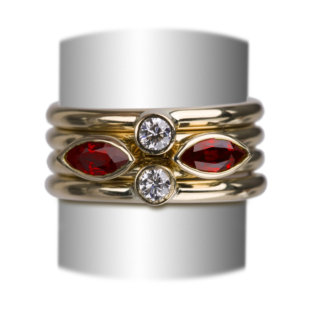 18ct yellow gold, navette Ruby and diamond ring set.jpg